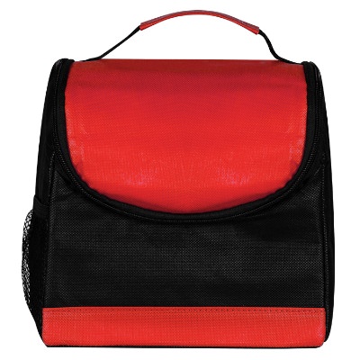Blank red polypropylene lunch cooler bag.