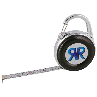 Metal and plastic black mini tape measure carabiner with full color imprint.