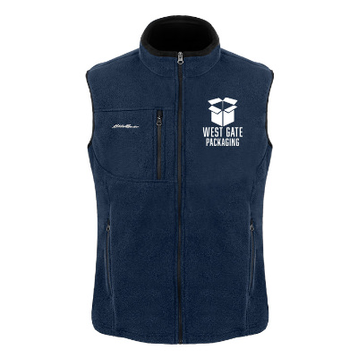Fleece navy vest with custom logo.
