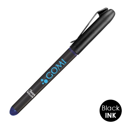 Black and blue pen with custom logo.