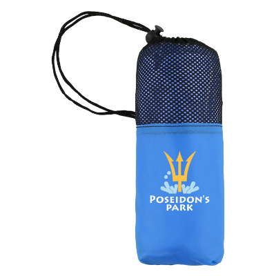 Blue poncho with custom full-color logo.