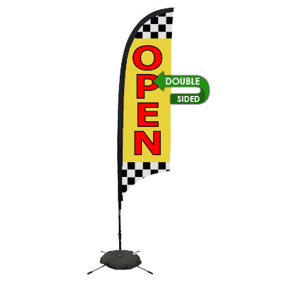 7-ft. double-sided stand-up flag with custom logo.