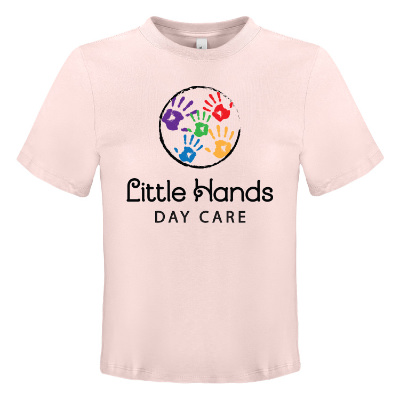 Soft pink tee with custom full color logo.