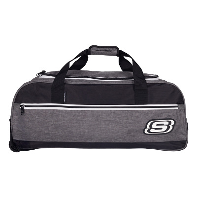 Grey duffel bag with wheels and custom full color logo.