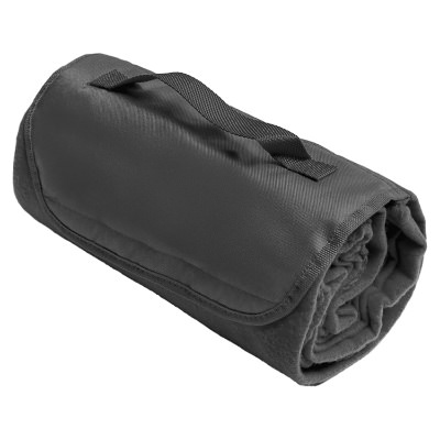 Purple fleece blanket that can fold within itself with attached handle.