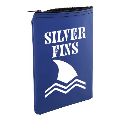Blue nylon pouch with a personalized logo.