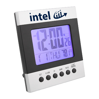 Silver plastic clock with a branded imprint.