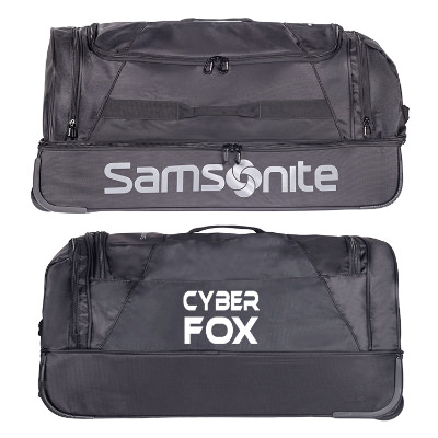 Black wheeled duffel with custom imprint.