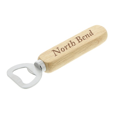 Wooden classic bottle opener with custom laser engraved imprint.