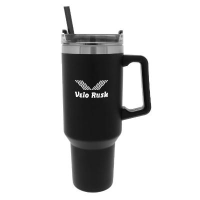 Stainless steel travel mug with a custom logo.
