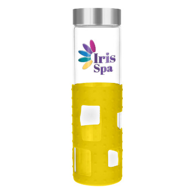 Glass water bottle with yellow silicone sleeve and custom logo with elevated ink.