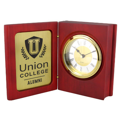 Wood clock with a personalized logo.