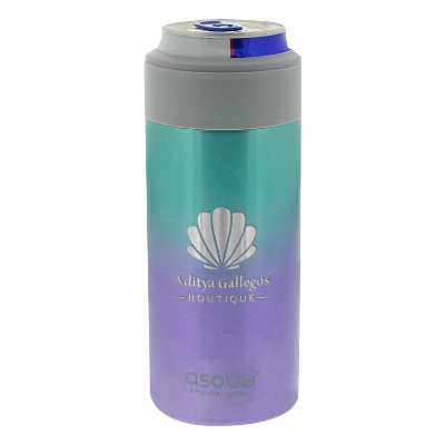 Stainless unicorn can cooler with custom engraved logo.