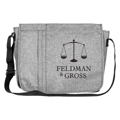 Gray messenger bag with personalized logo.