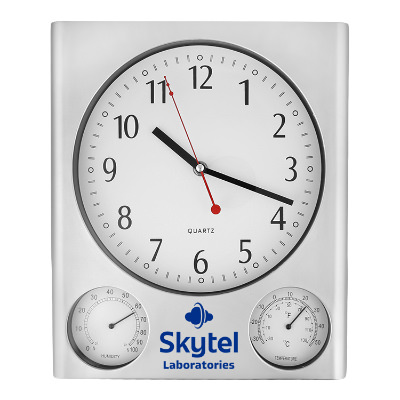 Silver glass clock with a branded logo.