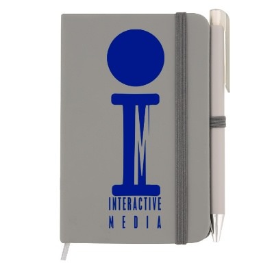 Mini branded leatherette gray notebook.