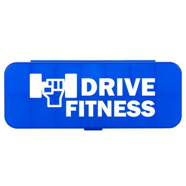 Plastic blue pill box with a personalized logo.