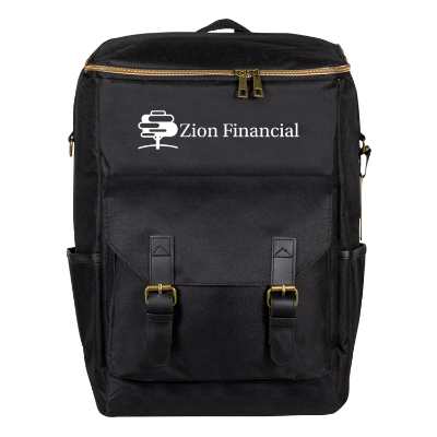 Black backpack cooler with custom logo.