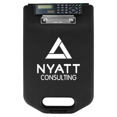 Black plastic clipboard with a personalized logo.