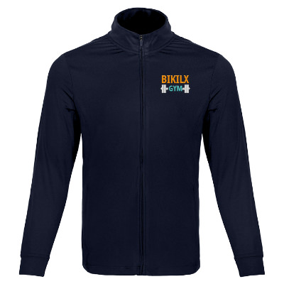 Custom navy jacket with embroidered logo.