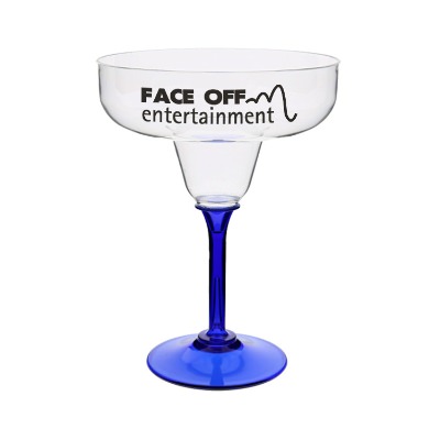 Acrylic blue margarita glass with custom logo in 14 ounces.