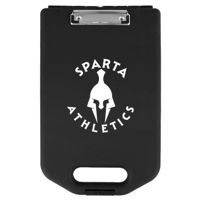 Black plastic clipboard with a personalized logo.