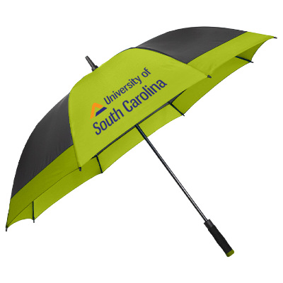 Black with lime green shed rain wedge auto open golf umbrella with personalized full color imprint.