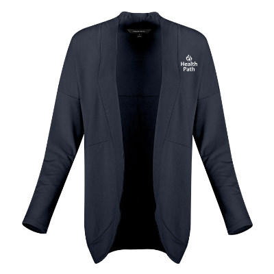 Navy blue cardigan with custom imprint.