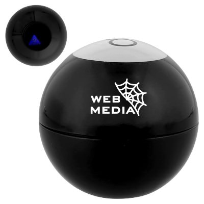 Black plastic decision making ball with one color promotional imprint.