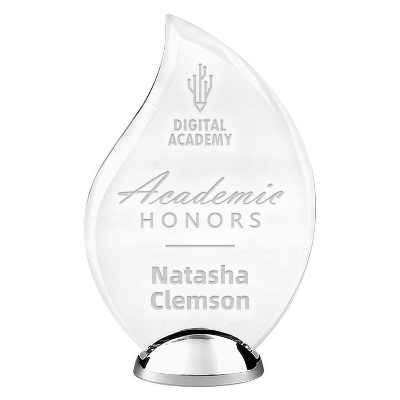 Crystal award with custom laser engraved imprint.