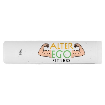 White plastic lip balm with a custom logo.