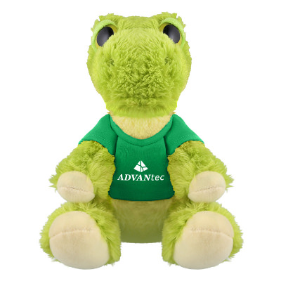 Plush and cotton t-rex with a green t-shirt with a custom imprint.