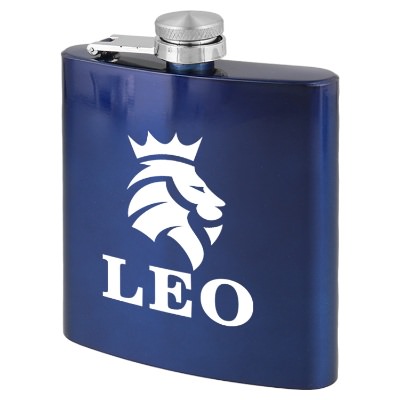 Navy blue flask with custom imprint in 6 ounces.