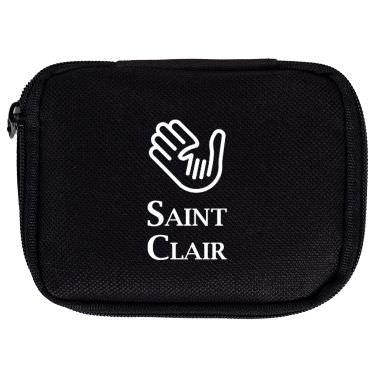 Black polyester pill organizer with a personalized logo.