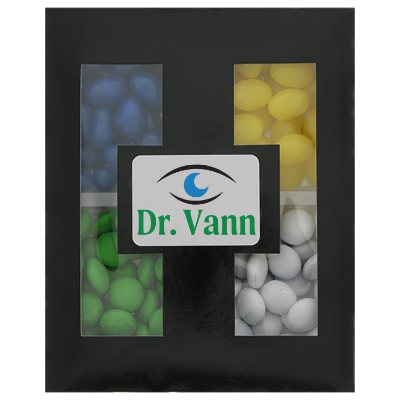 Black full color custom 4 way chocolate button box.
