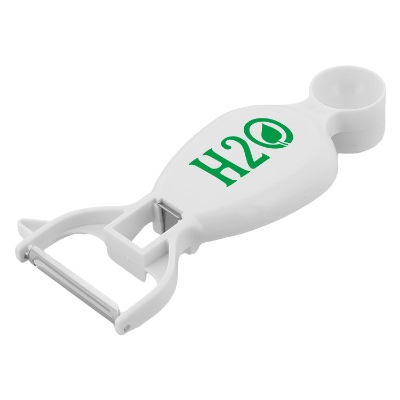 White abs plastic and stainless steel vegetable peeler with personalized logo.