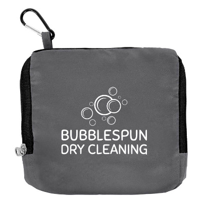 Gray polyester laundry bag with a custom logo.