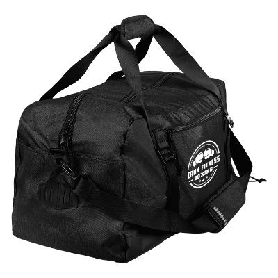 Dark gray gym bag with custom white imprint.