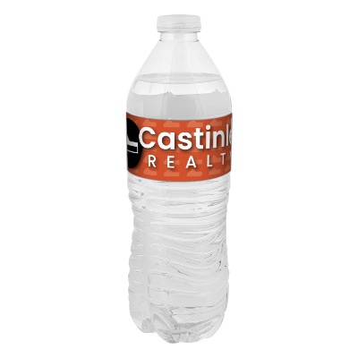 Clear plastic bottled water with a custom logo.