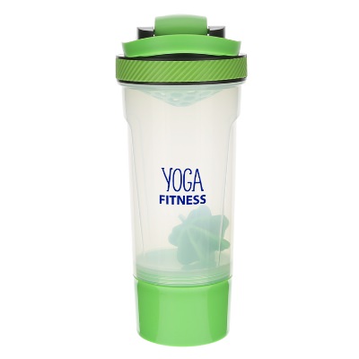 Plastic lime green shaker bottle with custom logo.