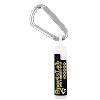Plastic silver SPF 15 lip balm with carabiner and full color logo.