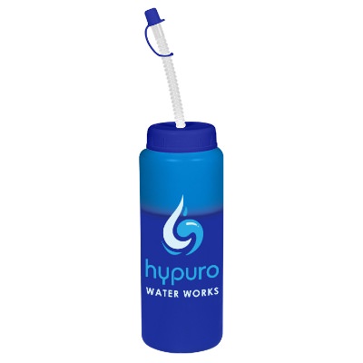 Plastic frosted to purple mood water bottle with customized imprint and straw in 32 ounces.