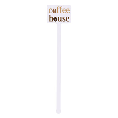 White plastic stir stick with a branded logo.