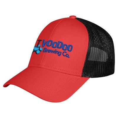 Embroidered red and white custom mesh cap.