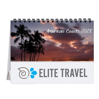 Tent desk calendar with assorted images of different spots on the american coasts with printed full color logo.