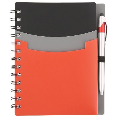 Red notebook with front pockets and stylus pen.