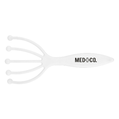 White plastic massage gun with a branded imprint.