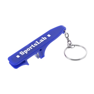 White plastic bottle and can opener and phone stand with custom promotional logo.