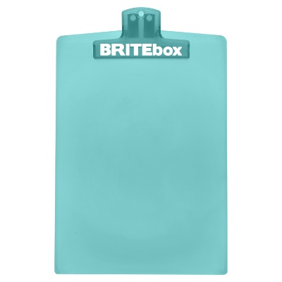 Aqua plastic clipboard with a branded logo.