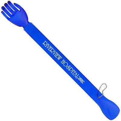 Hand shaped back scratcher with custom imprint.